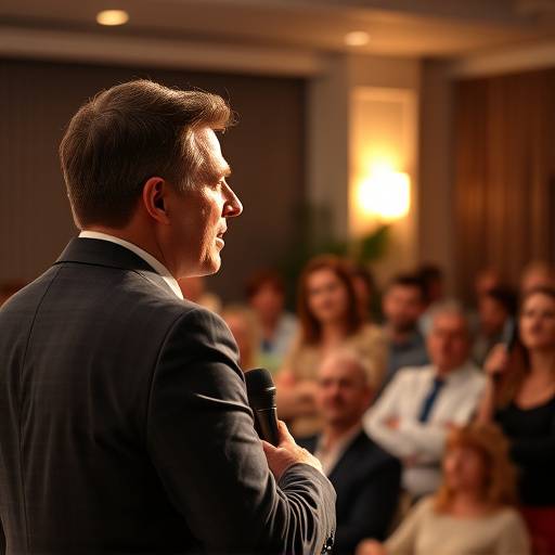 Immagine che illustra una presentazione di successo dopo il coaching, con un oratore sicuro di s&eacute; e un pubblico coinvolto.