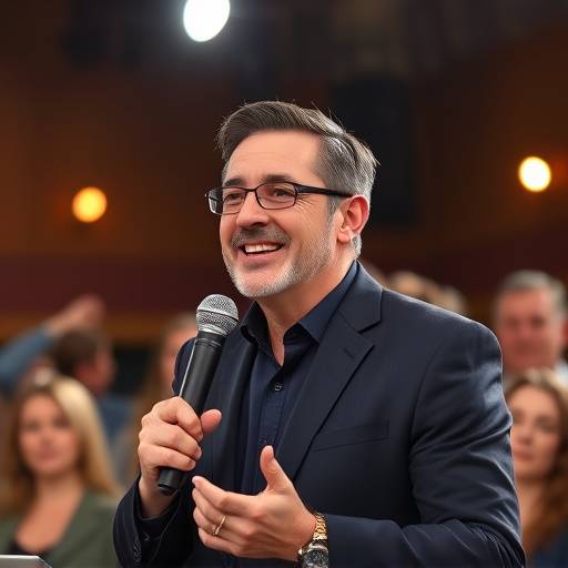 Una persona che parla in pubblico con sicurezza e carisma, coinvolgendo il pubblico.